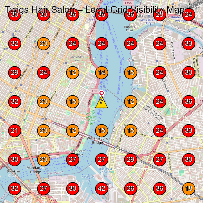 Twigs Hair Salon GeoGrid visibility map for Hair Salon in New York
